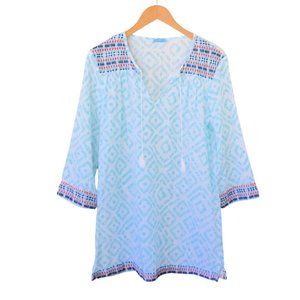 J McLaughlin Blue Embroiderd Tunic Woodblock Print